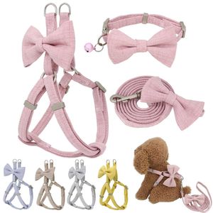 Dog Harness Leash Collar Set Adjustable Soft Cute Bow Double Layer Dog Harness for Small Medium Pet Collar Leash Outdoor Walking 210712