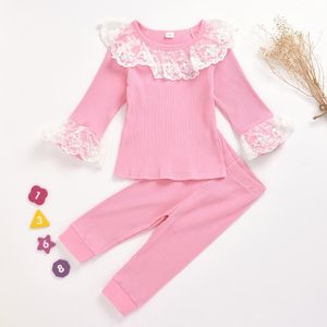 Sweet Girls Clothes Fashion Lace Round Neck Vertical Stripes Long-sleeve Top + Trousers Two-piece Pajamas Girl Bottoming Suit 210515