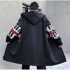 Trench Coat Men Hooded Printing jacket Mens Windbreaker Pocket Trench Jacket Hip Hop Street Casual Fashion Dust coat male 211106