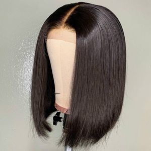 Middle Part Short Cut Bob Natural Black Straight Synthetic spets Front Wig For Woman Babyhair Heat Motent Fiber PrepluppedFactory Direct