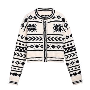 Kobiety krótki cienki sweter dzianiny o dekolt cardigan przycisk biały czarny brązowy geometryczny znośnik jesień M0236 210514