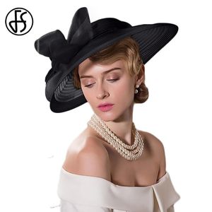 Chapéus Stingy Brim FS Fascinators Vintage Wide Fedoras para Mulheres Elegante Senhora Preto Branco Laço Chapéu de Festa Chapeu