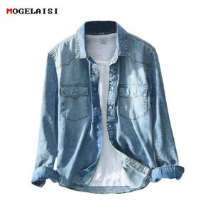 Koszule męskie Safari Style Slim Retro Dżinsy Niebieska koszula dla mężczyzny Jeńcowe kieszenie Mężczyzna Chemise Homme Camisa Masculina M-3xl 175U