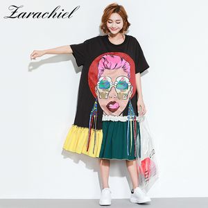 High Street Cartoon Patchwork Nappe colorate T-Shirt Donna Summer Loose Plus Size Manica corta Pullover Dress 210416