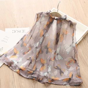 Summer Fashion 2 3 4 5 6 8 10 Years Sweet Stand Collar Sleeveless Floral Thin Blouse Chiffon Shirt For Baby Kids Girls 210529