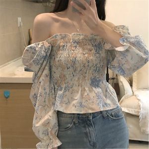 Casual Off Shoulder Chiffon Print Blouses Women Slim Long Sleeve Stretch Blouses Square Collar Female Chic Cropped Tops 210514