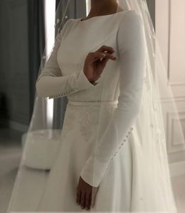 Vestido De Novia 2022 Uzun Kollu Müslüman Gelin Gelinlik Veils Aplikler Ile Aplikler Dantel Saten A-Line Basit Gelin Elbise Robe De Mariage