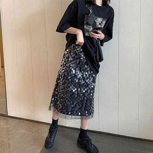 Wholesale tube scale resale online - Midi Skirt High Waist Show Thin Sequins Sparkle Loose Straight Tube Black Street Scale Minority Bottom