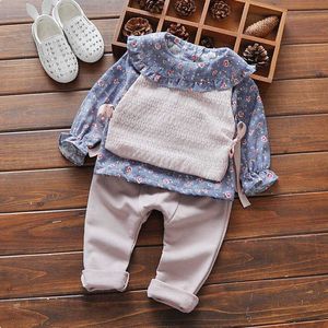 Baby Flora Garnitury Moda Wiosna Jesień Niemowlę Ubrania Urodzone Babies Cute Koszula + Kamizelka + Spodnie 3 sztuki Zestaw Dla Dziewczyn 0-3years 210529