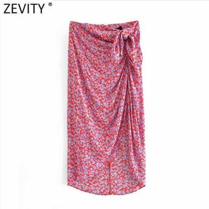 Zevity Women Sweet Floral Print Bowknot Sarong Skirt Faldas Mujer Female Chic Pleat Split Vestido Back Zipper Slim Skirts QUN778 210603