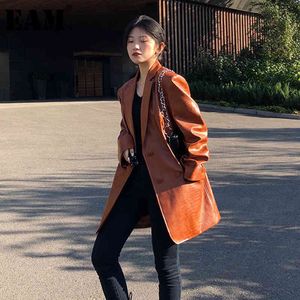 [EAM] Women Brown Pattern Leather Blazer Lapel Long Sleeve Loose Fit Jacket Fashion Spring Autumn 1DD6449 210512