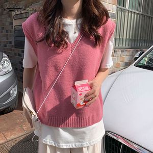 Kvinnors Pullovers Höst och Vinter Knitwear Koreansk stil V-Neck Strikkad Solid Färg Ärmlös Vest Sweaters 10896 210521