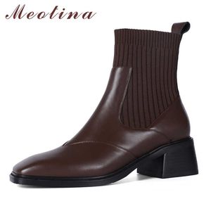 Meotina Stivaletti da donna Scarpe in vera pelle Tacco alto Stivali da donna Punta quadrata Tacchi spessi Stivaletti Autunno Inverno Nero 210608