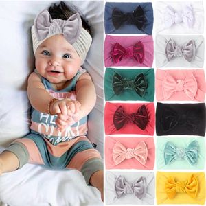 15813 Europe Baby Girls Turban Wrap Bowknot Headband Kids Nylone Elastic Hairband Children Bandanas Head Band Hair Accessory 11 Colors