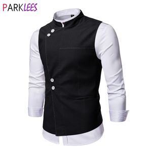 Schwarzer Stand Collar Herren Kleid Weste Fashion Chic Slim Fit ärmellose Weste Weste männliche formelle Geschäftskleiderwesten Gilet Homme 210522