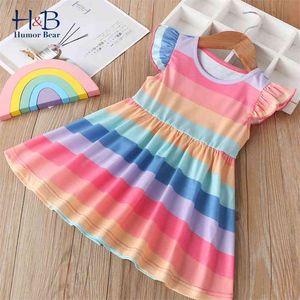 Meninas vestido verão mosca manga arco-íris listrado criança moda uma linha de sundress crianças roupas 210611
