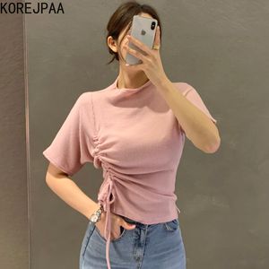 Mulheres T-shirt Verão Verão Coreano Chic Temperamento Suave Collar Plissado Drawstring Gravata Camisola de Manga Curta 210514
