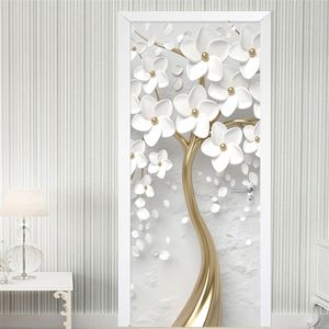 Self-Adhesive Door Sticker 3D Stereo White Flowers Mural Wallpaper Living Room Bedroom Home Decor Door Poster Waterproof Sticker 210722