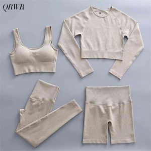 2/4Pcs Set Women's Sportswear Seamless Yoga Fitness Long Sleeve Crop Top Bra High Waist Leggings s Suits 210802