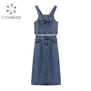 Dżinsowe stroje Kobiety Bez rękawów Pocket Suspenders Crop Kamizelka + Linia Wysoka talii Streetwear Casual Blue 2 Sztuk Kowbojskie Zestawy 210515