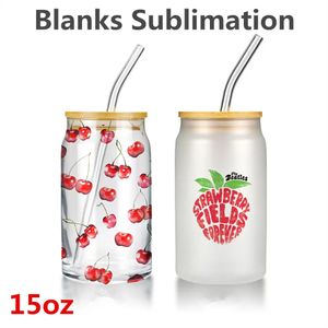 15OZ Sublimationsglas-Bierkrüge mit Bambusdeckel, Strohbecher, DIY-Rohlinge, gefrostete, durchsichtige Dosenbecher, Wärmeübertragung, Cocktail, Eis, 0303, Kaffee-Whisky-Gläser 2022