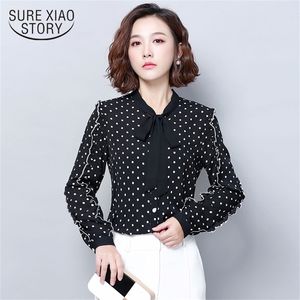 fashion autumn Chiffon women blouse wave point bow tie, long sleeve black and white top slim fit blusa 0936 40 210506