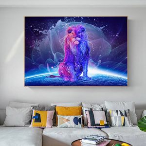 Nowoczesny Duży Rozmiar Płótno Malarstwo Zwierząt Plakat Wall Art Purple Lion Obraz HD Drukowanie do salonu Dekoracja Brak ramki