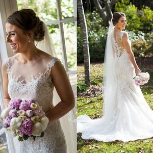 Graceful Mermaid Wedding Dresses Sleeveless Scoop Neck Bridal Gowns Lace Illusion Back Vestido De Novia