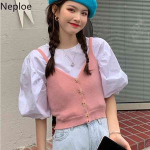 Neploe Sweet Casual Outfit Female O Neck Puff Sleeve White Shirt with Knit Pink Sling Crop Tops Two Piece Set Fashion Suit Women 210422