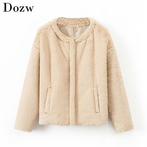 Winter Women Faux Fur Jacket Warm Solid Pockets Loose Thick Outwear Jackets Soft Rabbit Full Sleeve Ladies Coat 210515