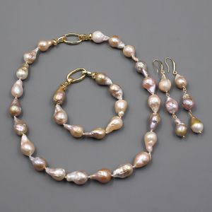 Guaiguai sieraden natuurlijke zoetwater gekweekte paarse keshi parel ketting armband oorbellen sets voor dames dame mode