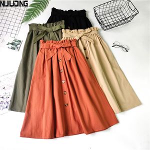 Sommar Kvinnor Kjolar Elegant Single-Breasted Elastic High Waist Solid Casual Bow Tie A-Line Knee-Length Skirt Lady 210514