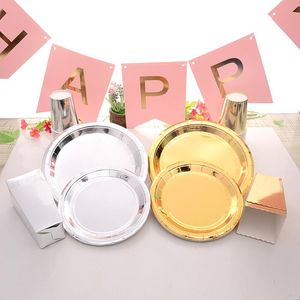 Disposable Dinnerware Party Plates Wedding Decorations Set Gold And Silver Tableware Paper Cup Straws Home Supplies