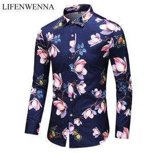 秋の長袖の花のシャツの男性の男性のボタンダウンソーシャルハワイアン花のシャツビジネスシャツプラスサイズ6xl 7xl 210528