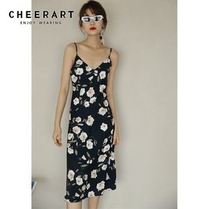 Black Floral Spaghetti Strap Long Summer Dress Women Sundress V Neck Tunic Slip Casual Korean Fashion Clothing 210427