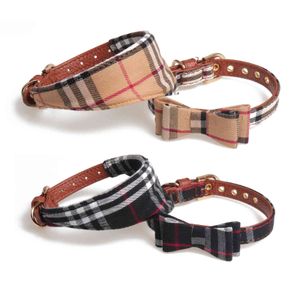 Bow Tie Dog Collars and Leash Set Classic Plaid Charm Adjustable Soft Leather Dogs Bandana and Collar for Puppy Cats 3 PCS B32