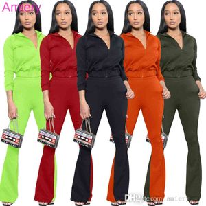 Autumn And Winter Tracksuits For Women Solid Color Two Piece Sportswear Casual Zipper Top And Flare Pant 2 Piece Set Outfits