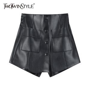 TWOTWINSTYLE PU Leather Wide Leg Shorts Skirts For Women High Waist Chic Black Short Female Fashion Clothing Stylish 210517