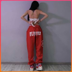 Hip-hop wysokiej talii casual spodnie czerwony duży rozmiar smażone ulicy czerwone spodnie damskie spodnie luźne spodnie koreański styl spodnie kobiety 211006