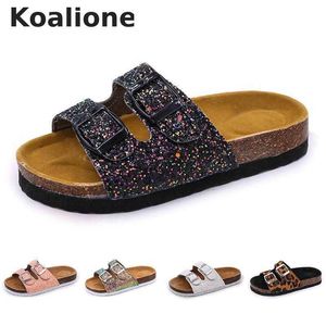 Summer Beach Skor Kids Tofflor för tjejer Kork Sandaler Bling Sequins Parent-Child Leopard Barefoot Hög kvalitet 210712