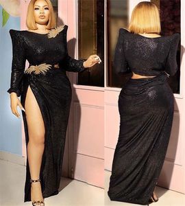 2021 Plus Size Arabisch Aso Ebi Stilvolle schwarze sexy Ballkleider Kristalle Pailletten High Split Abend formelle Party Zweite Empfangskleider ZJ255