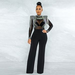 Women's Jumpsuits & Rompers Elegant Black Rhinestone Embellishment Wide Leg Chic Womens Sequins Fringed Bodycon Birthday Outfits