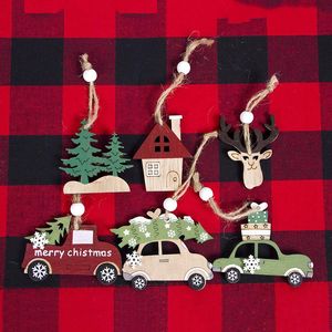 Decorações de Natal 3 Partes de Decoração Casa De Madeira Elk Car Dos Desenhos Animados Impressão Árvore Pingente 2022 Home