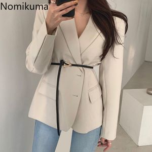 Nomikuma Blazers Short Women Tops Autumn Korean Belt Slim Waist Suit Jacket Long Sleeve Turn Down-collar Coat 6B966 210427