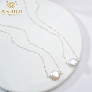 ASHIQI Natural freshwater pearl Sterling Silver Necklace m Button shape pearl Jewelry For women