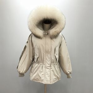 Modny prawdziwy szop pracz futra futra zimowa kurtka z kapturem ciepłe żeńskie białe kaczki w dół kurtka średnia długie parki luźne płaszcz dla kobiet