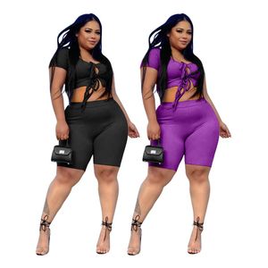 Plus Size Donna Clubwear Tinta unita Set due pezzi Vendita calda Scollo a V Lace-up Crop Top Vita alta Pantaloncini skinny Abiti estivi X0709