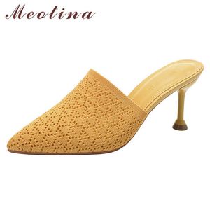 Meotina Kadınlar Yüksek Topuk Yüksek Topuk Katır Ayakkabı Sivri Burun Stiletto Topuklu Elbise Kadın Ayakkabı Yaz Ayakkabı Bayan Siyah Sarı 34-39 210608