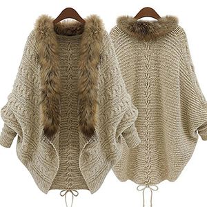 Damenpullover, modisch, für Damen, Kunstpelzkragen, Mantel, Fledermausärmel, locker, lässig, warm, Strickjacke, Schalpullover