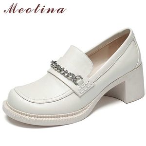 Meotina Alto Saltos Natural Genuíno Couro Mulheres Sapatos Cadeia Rodada Bombas Bombas De Couro De Couro Grosso Senhoras Calçados Primavera Bege 210608